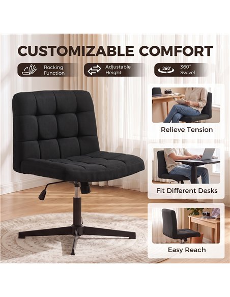 HOMCOM Armless Office Chair, Cross Legged Linen Computer Desk Vanity Chair with Wide Seat, Rocking Function, Black - pic 207366 | FastDaddyshop