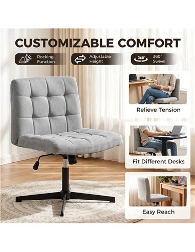 HOMCOM Armless Office Chair, Cross Legged Linen Computer Desk Vanity Chair with Wide Seat, Rocking Function, Grey