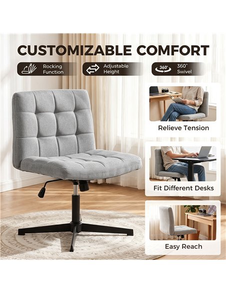 HOMCOM Armless Office Chair, Cross Legged Linen Computer Desk Vanity Chair with Wide Seat, Rocking Function, Grey - pic 207375 | FastDaddyshop