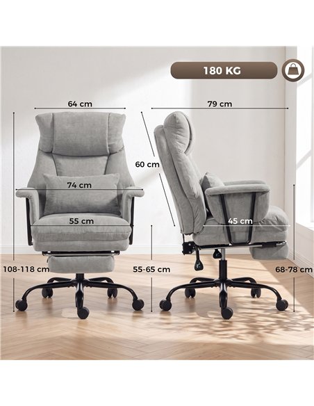 HOMCOM Office Chair, 180kg Heavy Duty Linen Computer Desk Chair with Lumbar Support, Wide Seat, Spring Cushion, Grey - pic 207380 | FastDaddyshop