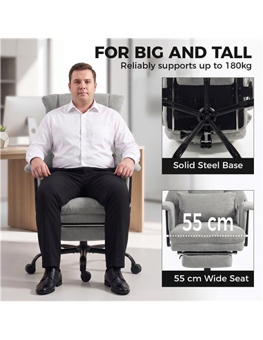 HOMCOM Office Chair, 180kg Heavy Duty Linen Computer Desk Chair with Lumbar Support, Wide Seat, Spring Cushion, Grey