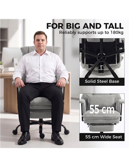 HOMCOM Office Chair, 180kg Heavy Duty Linen Computer Desk Chair with Lumbar Support, Wide Seat, Spring Cushion, Grey - pic 207381 | FastDaddyshop