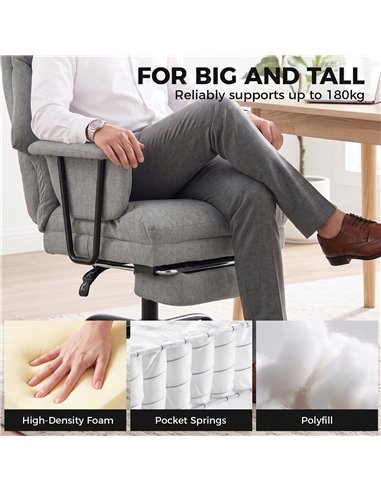 HOMCOM Office Chair, 180kg Heavy Duty Linen Computer Desk Chair with Lumbar Support, Wide Seat, Spring Cushion, Grey