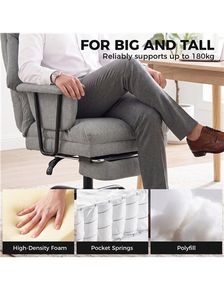 HOMCOM Office Chair, 180kg Heavy Duty Linen Computer Desk Chair with Lumbar Support, Wide Seat, Spring Cushion, Grey - pic 207382 | FastDaddyshop
