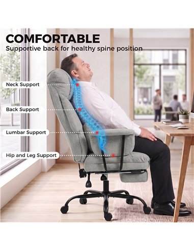HOMCOM Office Chair, 180kg Heavy Duty Linen Computer Desk Chair with Lumbar Support, Wide Seat, Spring Cushion, Grey