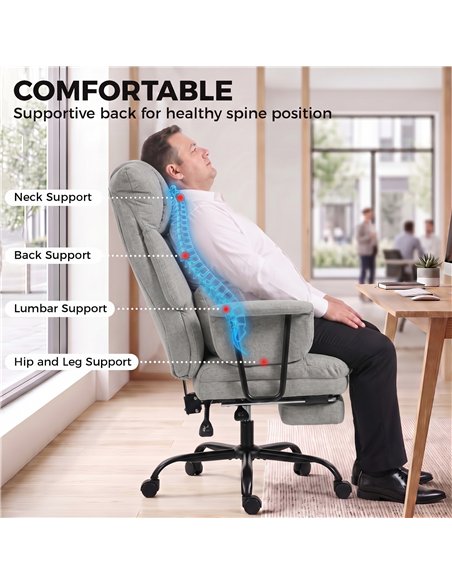 HOMCOM Office Chair, 180kg Heavy Duty Linen Computer Desk Chair with Lumbar Support, Wide Seat, Spring Cushion, Grey - pic 207384 | FastDaddyshop