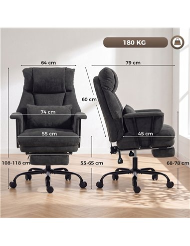 HOMCOM Office Chair, 180kg Heavy Duty Linen Computer Desk Chair with Lumbar Support, Wide Seat, Spring Cushion, Black