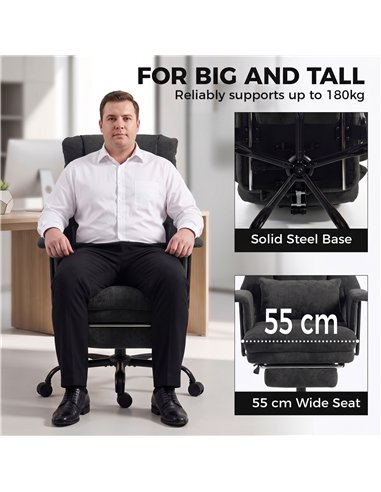 HOMCOM Office Chair, 180kg Heavy Duty Linen Computer Desk Chair with Lumbar Support, Wide Seat, Spring Cushion, Black