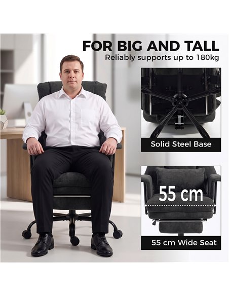 HOMCOM Office Chair, 180kg Heavy Duty Linen Computer Desk Chair with Lumbar Support, Wide Seat, Spring Cushion, Black - pic 207390 | FastDaddyshop