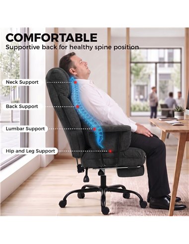 HOMCOM Office Chair, 180kg Heavy Duty Linen Computer Desk Chair with Lumbar Support, Wide Seat, Spring Cushion, Black