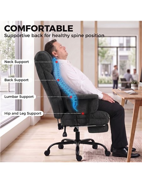 HOMCOM Office Chair, 180kg Heavy Duty Linen Computer Desk Chair with Lumbar Support, Wide Seat, Spring Cushion, Black - pic 207393 | FastDaddyshop
