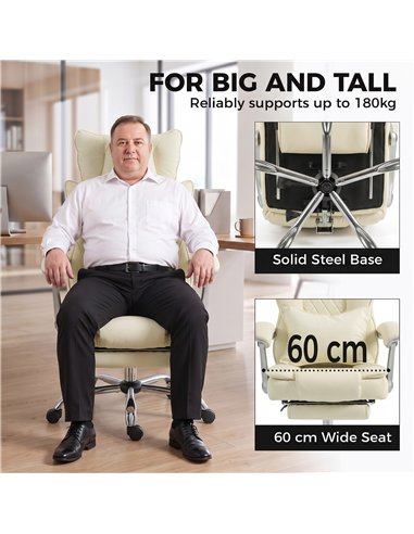 HOMCOM Executive Office Chair, PU Big and Tall Office Chair 180 kg with Wide Seat, Reclining, Lumbar Support, Beige