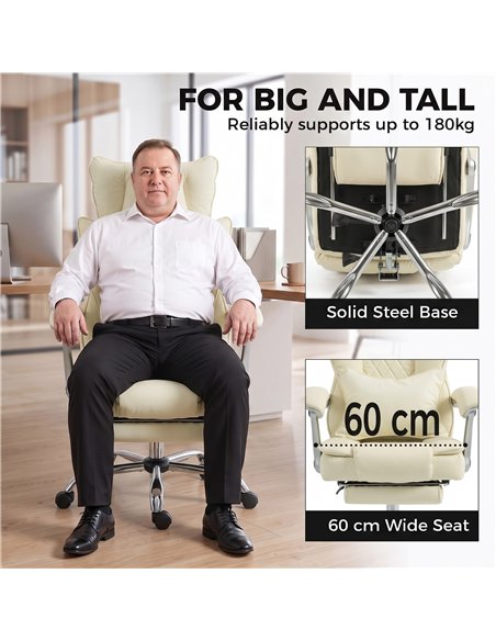 HOMCOM Executive Office Chair, PU Big and Tall Office Chair 180 kg with Wide Seat, Reclining, Lumbar Support, Beige - pic 207399 | FastDaddyshop
