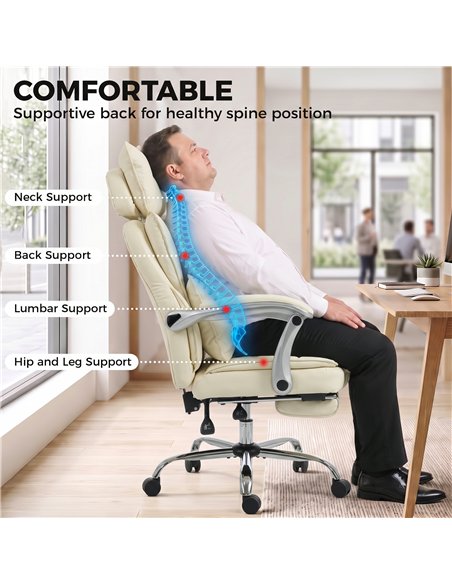 HOMCOM Executive Office Chair, PU Big and Tall Office Chair 180 kg with Wide Seat, Reclining, Lumbar Support, Beige - pic 207402 | FastDaddyshop