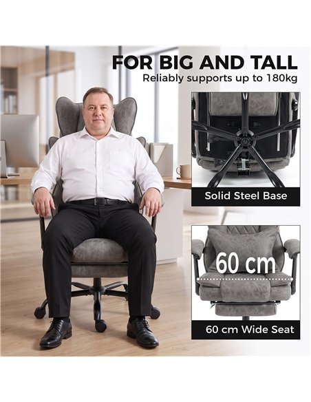 HOMCOM Executive Office Chair, Leathaire Big and Tall Office Chair 180 kg with Wide Seat, Reclining, Lumbar Support, Grey - pic 207408 | FastDaddyshop