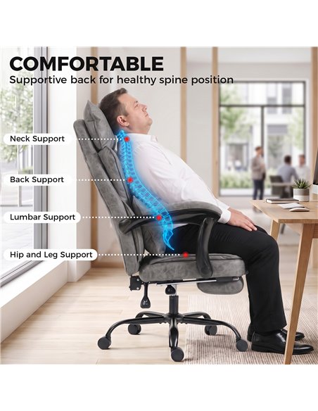 HOMCOM Executive Office Chair, Leathaire Big and Tall Office Chair 180 kg with Wide Seat, Reclining, Lumbar Support, Grey - pic 207411 | FastDaddyshop