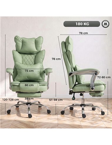 HOMCOM Executive Office Chair, PU Big and Tall Office Chair 180 kg with Wide Seat, Reclining, Lumbar Support, Light Green