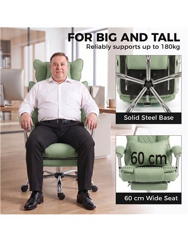 HOMCOM Executive Office Chair, PU Big and Tall Office Chair 180 kg with Wide Seat, Reclining, Lumbar Support, Light Green