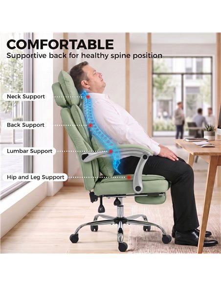 HOMCOM Executive Office Chair, PU Big and Tall Office Chair 180 kg with Wide Seat, Reclining, Lumbar Support, Light Green - pic 207420 | FastDaddyshop