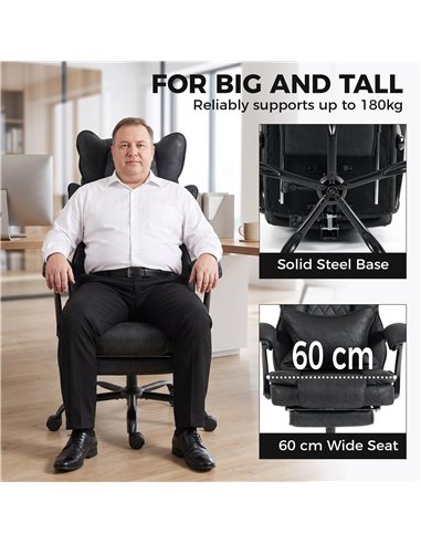 HOMCOM Executive Office Chair, Leathaire Big and Tall Office Chair 180 kg with Wide Seat, Reclining, Lumbar Support, Black