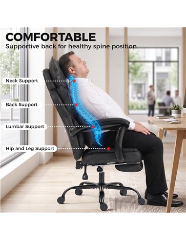 HOMCOM Executive Office Chair, Leathaire Big and Tall Office Chair 180 kg with Wide Seat, Reclining, Lumbar Support, Black