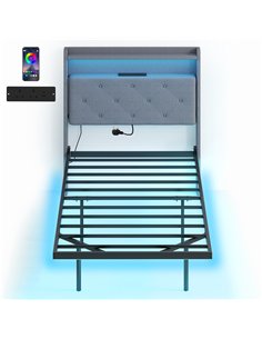 HOMCOM Floating Bed Frame, Upholstered 3ft Single Size Bed, Platform Bed with RGB LED Lights and Charging Station, Grey