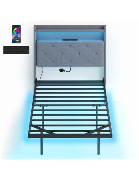 HOMCOM Floating Bed Frame, Upholstered 3ft Single Size Bed, Platform Bed with RGB LED Lights and Charging Station, Grey - pic 207432 | FastDaddyshop