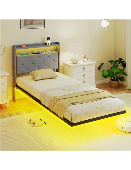 HOMCOM Floating Bed Frame, Upholstered 3ft Single Size Bed, Platform Bed with RGB LED Lights and Charging Station, Grey - pic 207433 | FastDaddyshop