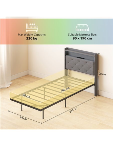 HOMCOM Floating Bed Frame, Upholstered 3ft Single Size Bed, Platform Bed with RGB LED Lights and Charging Station, Grey - pic 207434 | FastDaddyshop