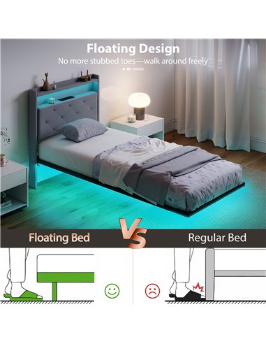 HOMCOM Floating Bed Frame, Upholstered 3ft Single Size Bed, Platform Bed with RGB LED Lights and Charging Station, Grey