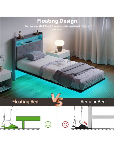 HOMCOM Floating Bed Frame, Upholstered 3ft Single Size Bed, Platform Bed with RGB LED Lights and Charging Station, Grey - pic 207435 | FastDaddyshop