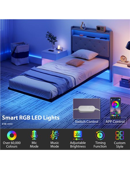 HOMCOM Floating Bed Frame, Upholstered 3ft Single Size Bed, Platform Bed with RGB LED Lights and Charging Station, Grey - pic 207436 | FastDaddyshop