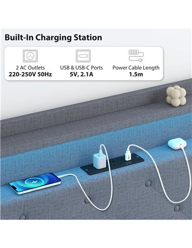 HOMCOM Floating Bed Frame, Upholstered 3ft Single Size Bed, Platform Bed with RGB LED Lights and Charging Station, Grey