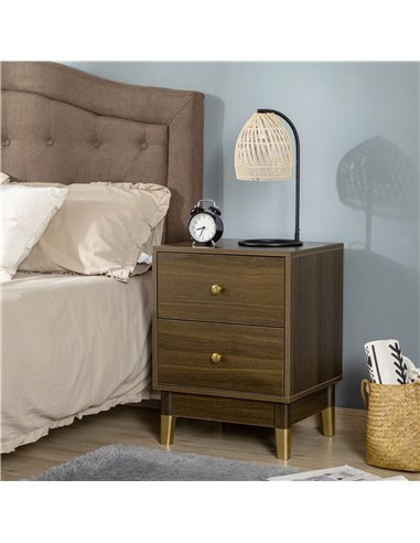 HOMCOM Modern Bedside Cabinet with 2 Drawers, Storage Organiser, Brown and Gold