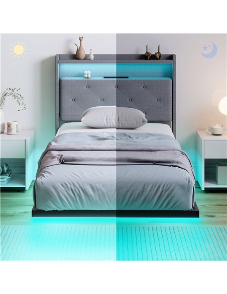 HOMCOM Floating Bed Frame, Upholstered 3ft Single Size Bed, Platform Bed with RGB LED Lights and Charging Station, Grey - pic 207440 | FastDaddyshop