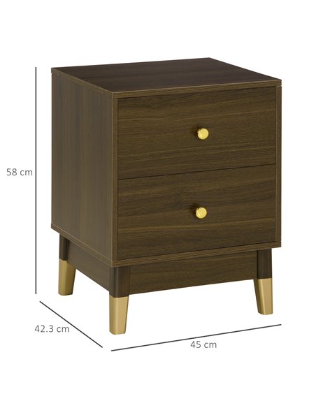 HOMCOM Modern Bedside Cabinet with 2 Drawers, Storage Organiser, Brown and Gold - pic 20745 | FastDaddyshop