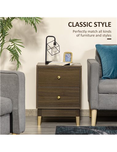HOMCOM Modern Bedside Cabinet with 2 Drawers, Storage Organiser, Brown and Gold