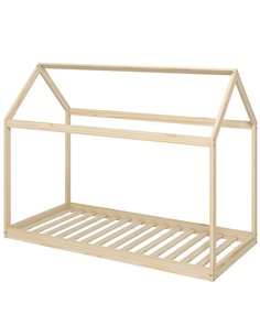 HOMCOM Single Bed Frame, House Scandinavian Wooden Bed Frame for 90W x 190Dcm Mattress, Pine Wood Bed Base, Natural Wood Finish