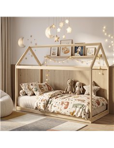 HOMCOM Single Bed Frame, House Scandinavian Wooden Bed Frame for 90W x 190Dcm Mattress, Pine Wood Bed Base, Natural Wood Finish 2