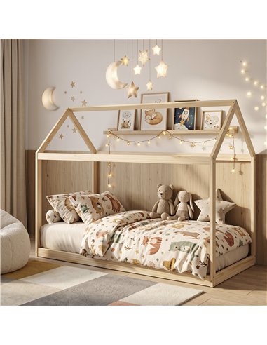 HOMCOM Single Bed Frame, House Scandinavian Wooden Bed Frame for 90W x 190Dcm Mattress, Pine Wood Bed Base, Natural Wood Finish