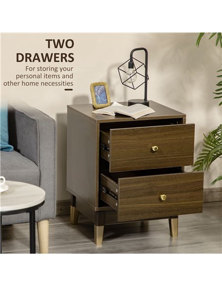 HOMCOM Modern Bedside Table, Bedside Cabinet with 2 Drawers, Storage Organiser for Bedroom, Living Room, Brown and Gold - pic 20747 | FastDaddyshop