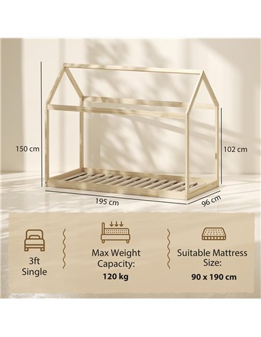 HOMCOM Single Bed Frame, House Scandinavian Wooden Bed Frame for 90W x 190Dcm Mattress, Pine Wood Bed Base, Natural Wood Finish