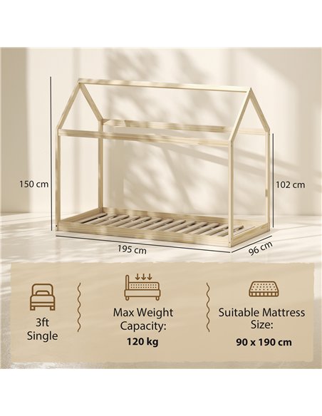 HOMCOM Single Bed Frame, House Scandinavian Wooden Bed Frame for 90W x 190Dcm Mattress, Pine Wood Bed Base, Natural Wood Finish - pic 207470 | FastDaddyshop