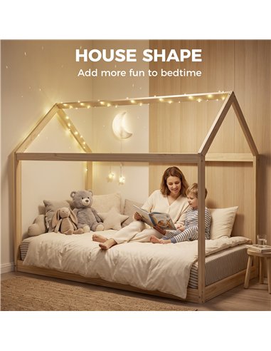 HOMCOM Single Bed Frame, House Scandinavian Wooden Bed Frame for 90W x 190Dcm Mattress, Pine Wood Bed Base, Natural Wood Finish