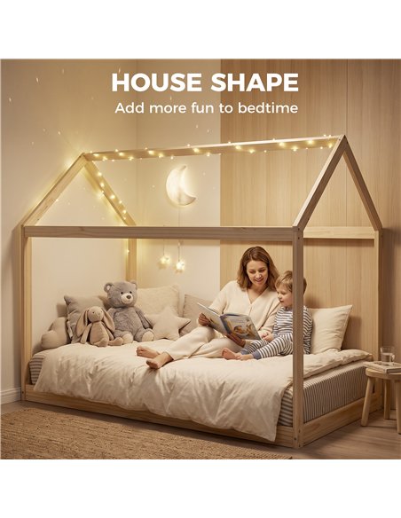 HOMCOM Single Bed Frame, House Scandinavian Wooden Bed Frame for 90W x 190Dcm Mattress, Pine Wood Bed Base, Natural Wood Finish - pic 207471 | FastDaddyshop