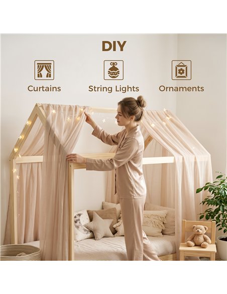 HOMCOM Single Bed Frame, House Scandinavian Wooden Bed Frame for 90W x 190Dcm Mattress, Pine Wood Bed Base, Natural Wood Finish - pic 207472 | FastDaddyshop