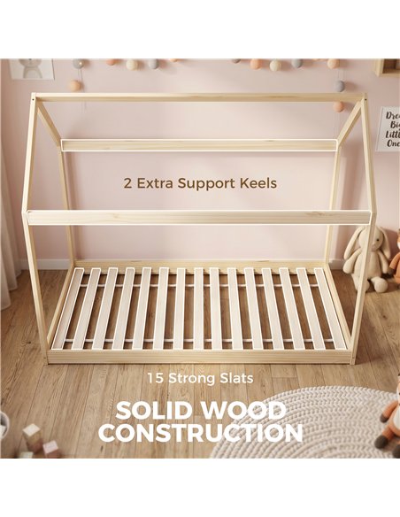 HOMCOM Single Bed Frame, House Scandinavian Wooden Bed Frame for 90W x 190Dcm Mattress, Pine Wood Bed Base, Natural Wood Finish - pic 207473 | FastDaddyshop