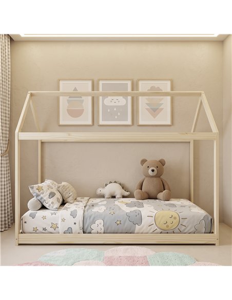 HOMCOM Single Bed Frame, House Scandinavian Wooden Bed Frame for 90W x 190Dcm Mattress, Pine Wood Bed Base, Natural Wood Finish - pic 207474 | FastDaddyshop