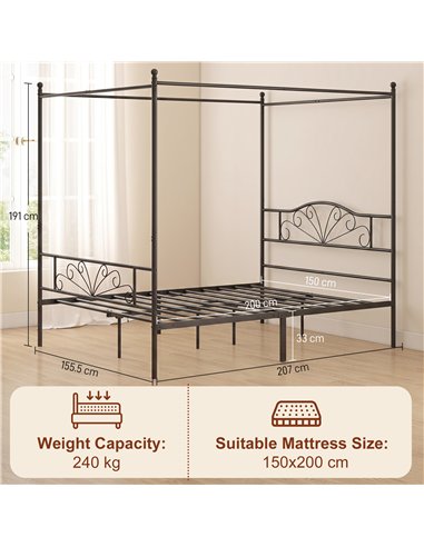 HOMCOM Canopy Bed Frame King Size, Metal Platform Bed Frame with Headboard and Footboard, Underbed Storage, Black