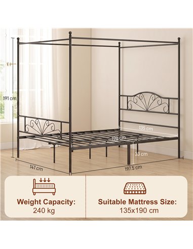 HOMCOM Canopy Bed Frame Double Size, Metal Platform Bed Frame with Headboard and Footboard, Underbed Storage, Black